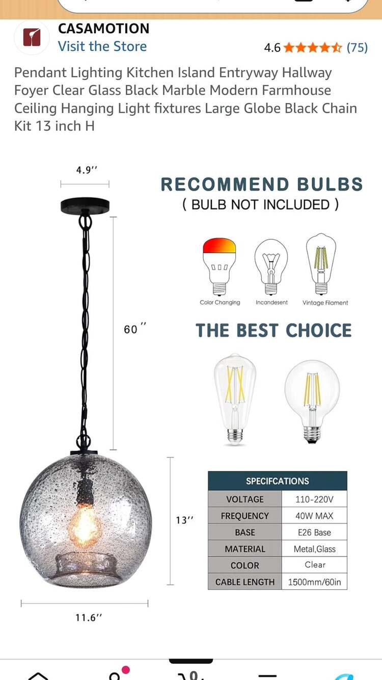 CASAMOTION Hand Blown Glass Pendant Light, 13 Inch Globe with Black Finish